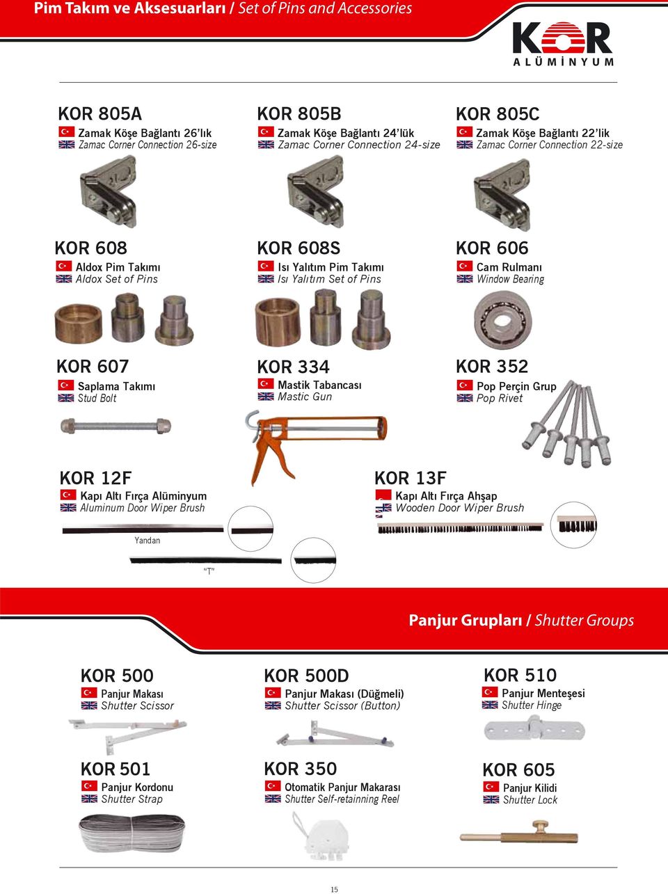 Saplama Takımı Stud Bolt KOR 334 Mastik Tabancası Mastic Gun KOR 352 Pop Perçin Grup Pop Rivet KOR 12F Kapı ltı Fırça lüminyum luminum Door Wiper Brush KOR 13F Kapı ltı Fırça hşap Wooden Door Wiper