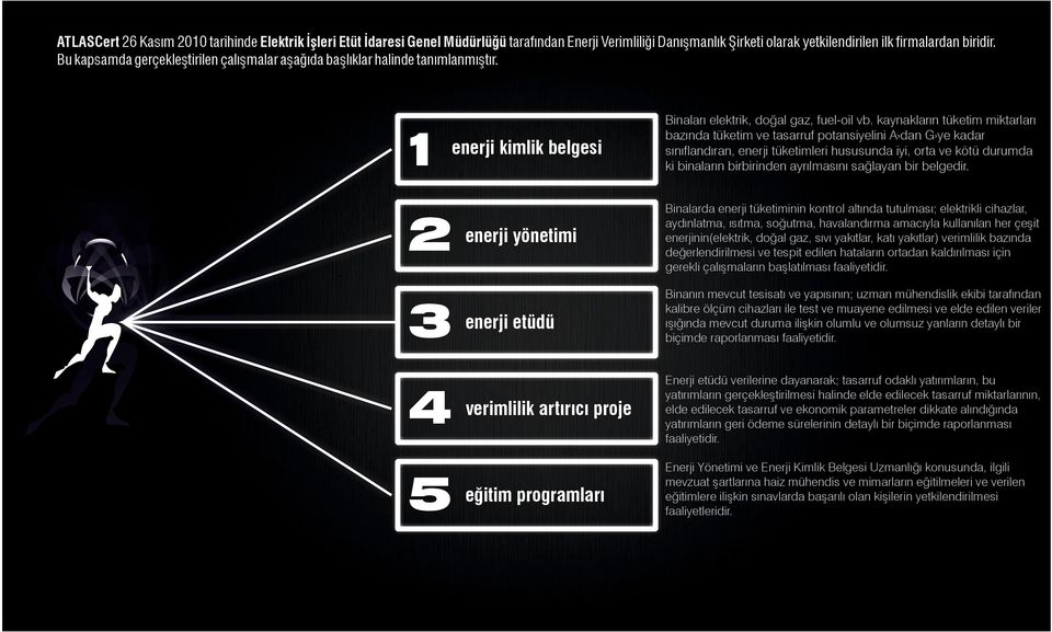 1 enerji kimlik belgesi 2 enerji yönetimi 3 enerji etüdü 4 verimlilik artırıcı proje 5 eğitim programları Binaları elektrik, doğal gaz, fuel-oil vb.