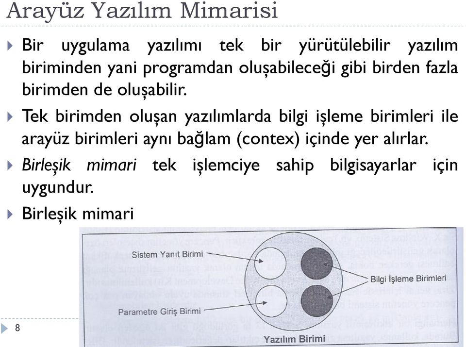 Tek birimden oluşan yazılımlarda bilgi işleme birimleri ile arayüz birimleri aynı bağlam