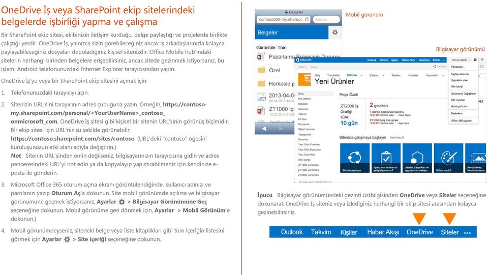 Office Mobile hub'ındaki sitelerin herhangi birinden belgelere erişebilirsiniz, ancak sitede gezinmek istiyorsanız, bu işlemi Android telefonunuzdaki Internet Explorer tarayıcısından yapın.