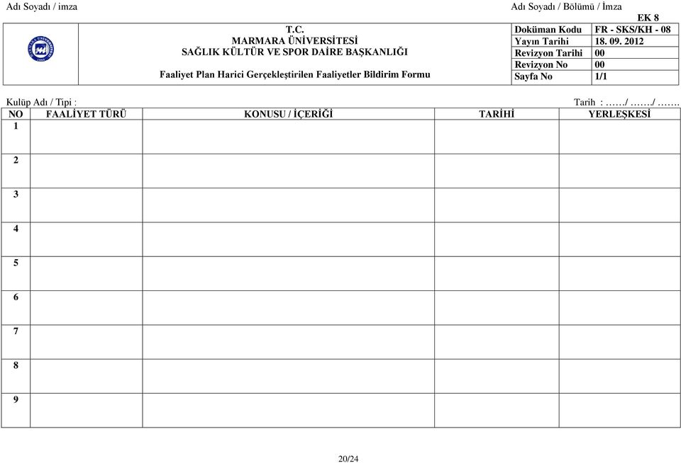 Soyadı / Bölümü / İmza EK 8 Doküman Kodu FR - SKS/KH - 08 Revizyon