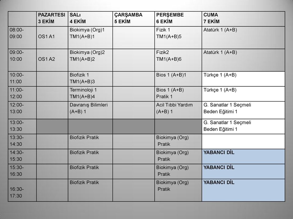 12:00-13:00 Davranış Bilimleri (A+B) 1 Acil Tıbbi Yardım (A+B) 1 G. Sanatlar 1 Beden Eğitimi 1 13:00-13:30 G.