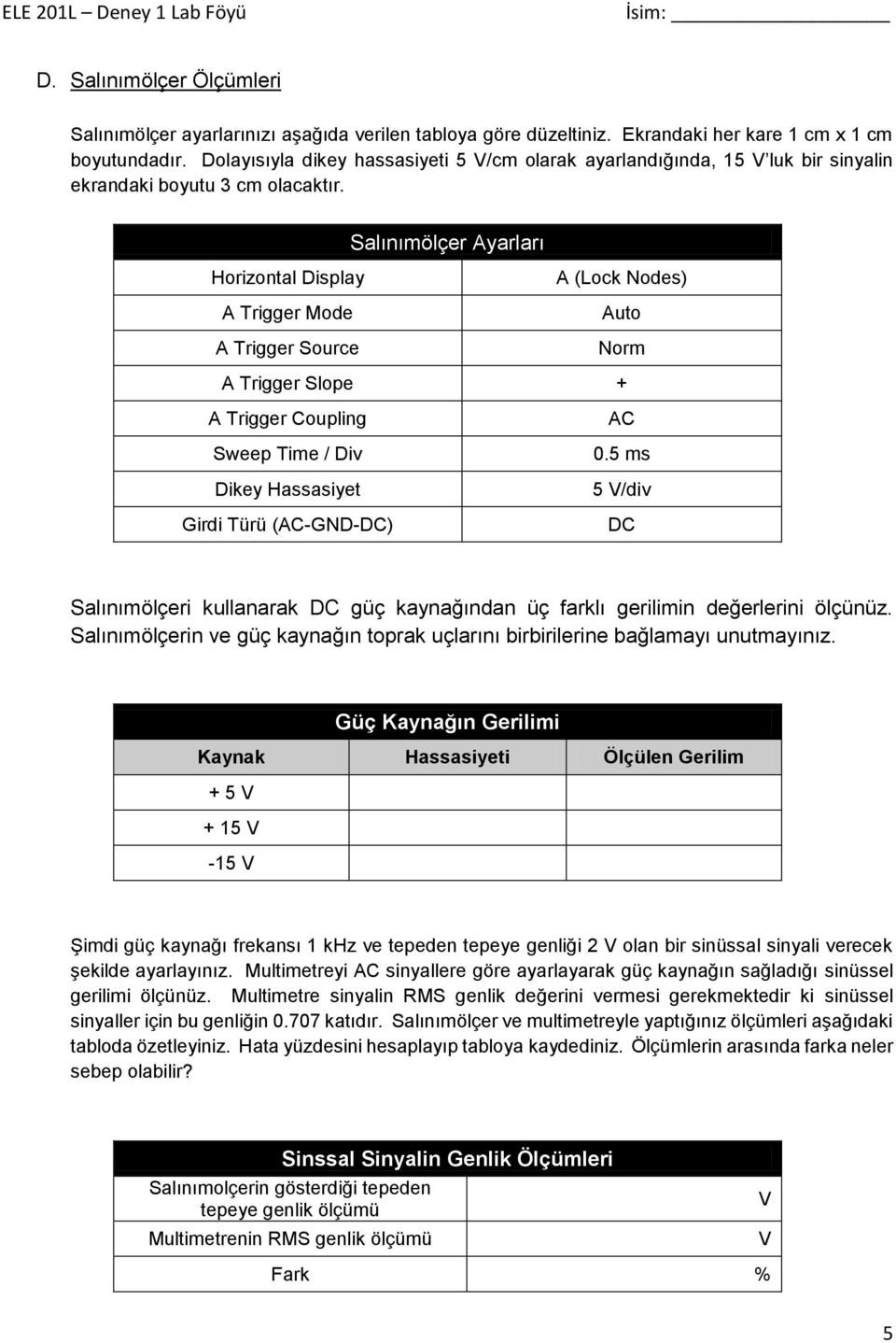 Salınımölçer Ayarları Horizontal Display A (Lock Nodes) A Trigger Mode Auto A Trigger Source Norm A Trigger Slope + A Trigger Coupling AC Sweep Time / Div 0.