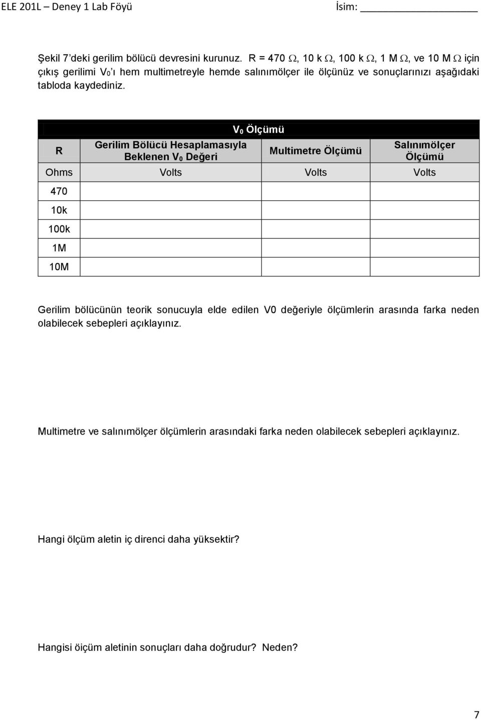 R Gerilim Bölücü Hesaplamasıyla Beklenen V 0 Değeri V 0 Ölçümü Multimetre Ölçümü Salınımölçer Ölçümü Ohms Volts Volts Volts 470 10k 100k 1M 10M Gerilim bölücünün