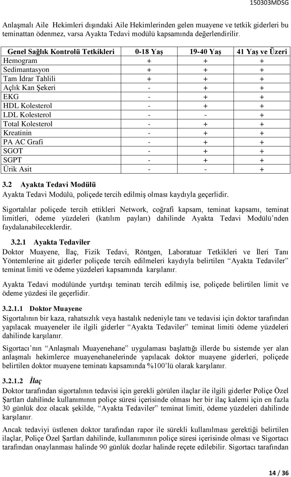 + Total Kolesterol - + + Kreatinin - + + PA AC Grafi - + + SGOT - + + SGPT - + + Ürik Asit - - + 3.2 Ayakta Tedavi Modülü Ayakta Tedavi Modülü, poliçede tercih edilmiş olması kaydıyla geçerlidir.