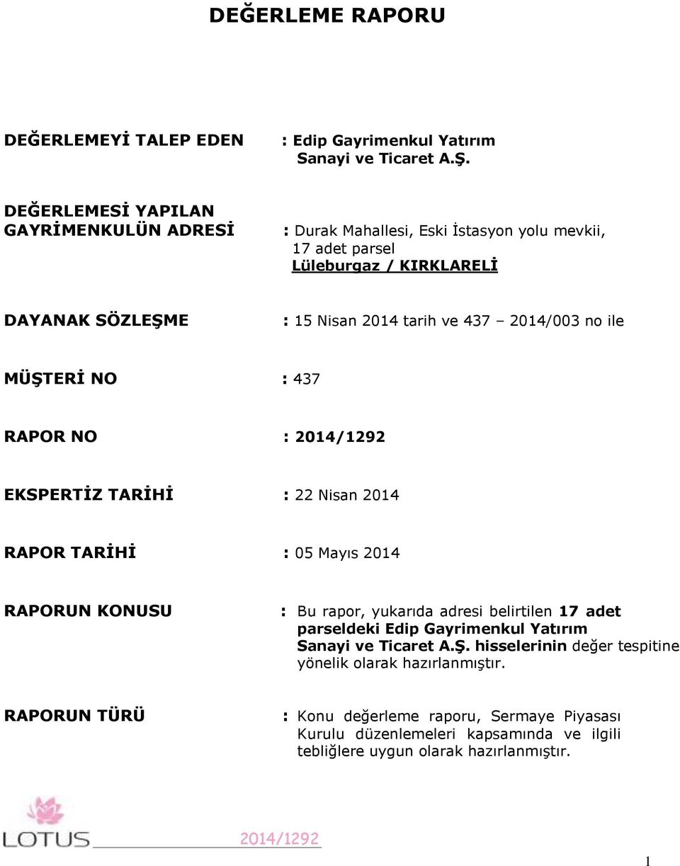 2014/003 no ile MÜŞTERİ NO : 437 RAPOR NO : EKSPERTİZ TARİHİ : 22 Nisan 2014 RAPOR TARİHİ : 05 Mayıs 2014 RAPORUN KONUSU : Bu rapor, yukarıda adresi belirtilen 17 adet