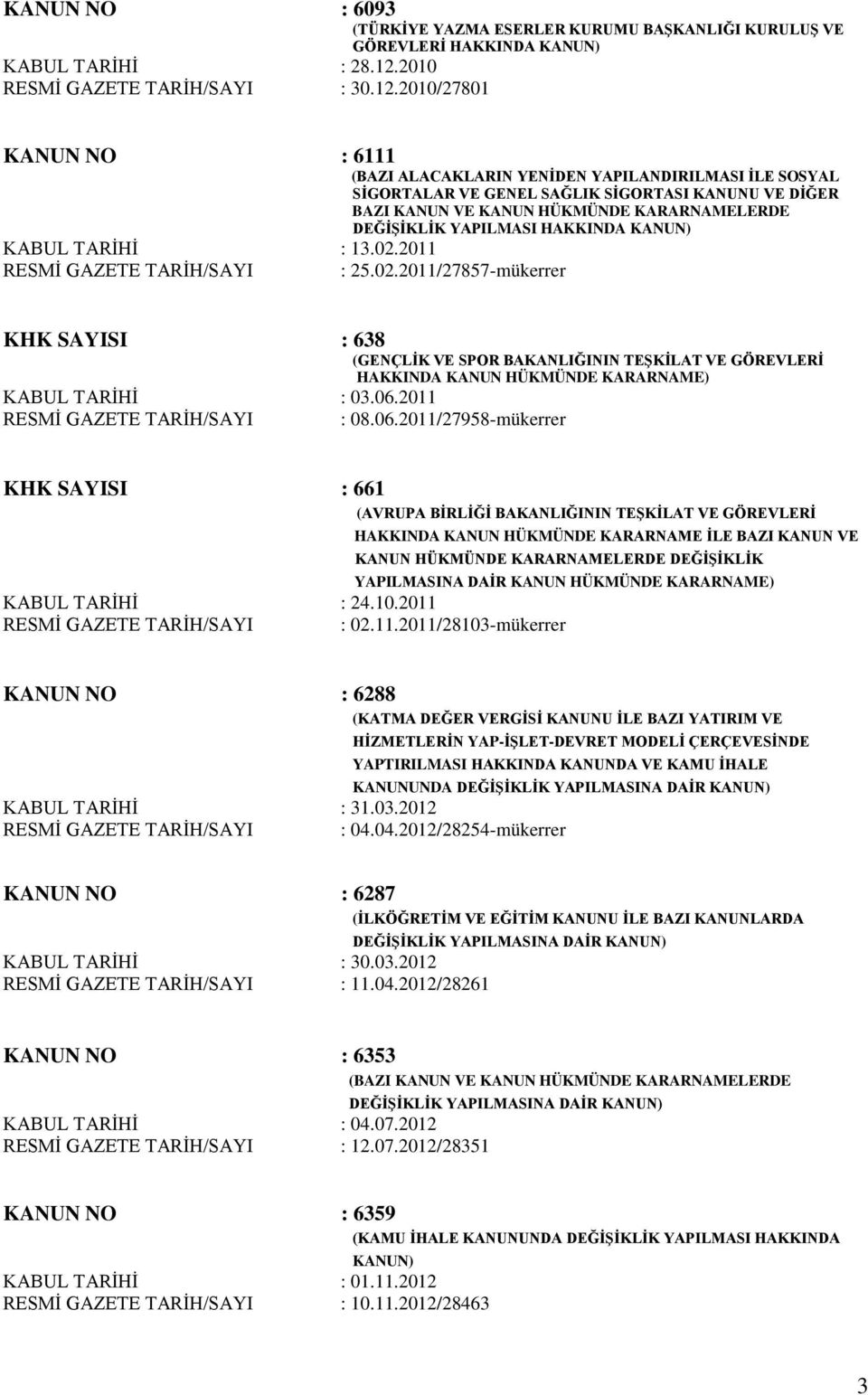 2010/27801 KANUN NO : 6111 (BAZI ALACAKLARIN YENİDEN YAPILANDIRILMASI İLE SOSYAL SİGORTALAR VE GENEL SAĞLIK SİGORTASI KANUNU VE DİĞER BAZI KANUN VE KANUN HÜKMÜNDE KARARNAMELERDE DEĞİŞİKLİK YAPILMASI