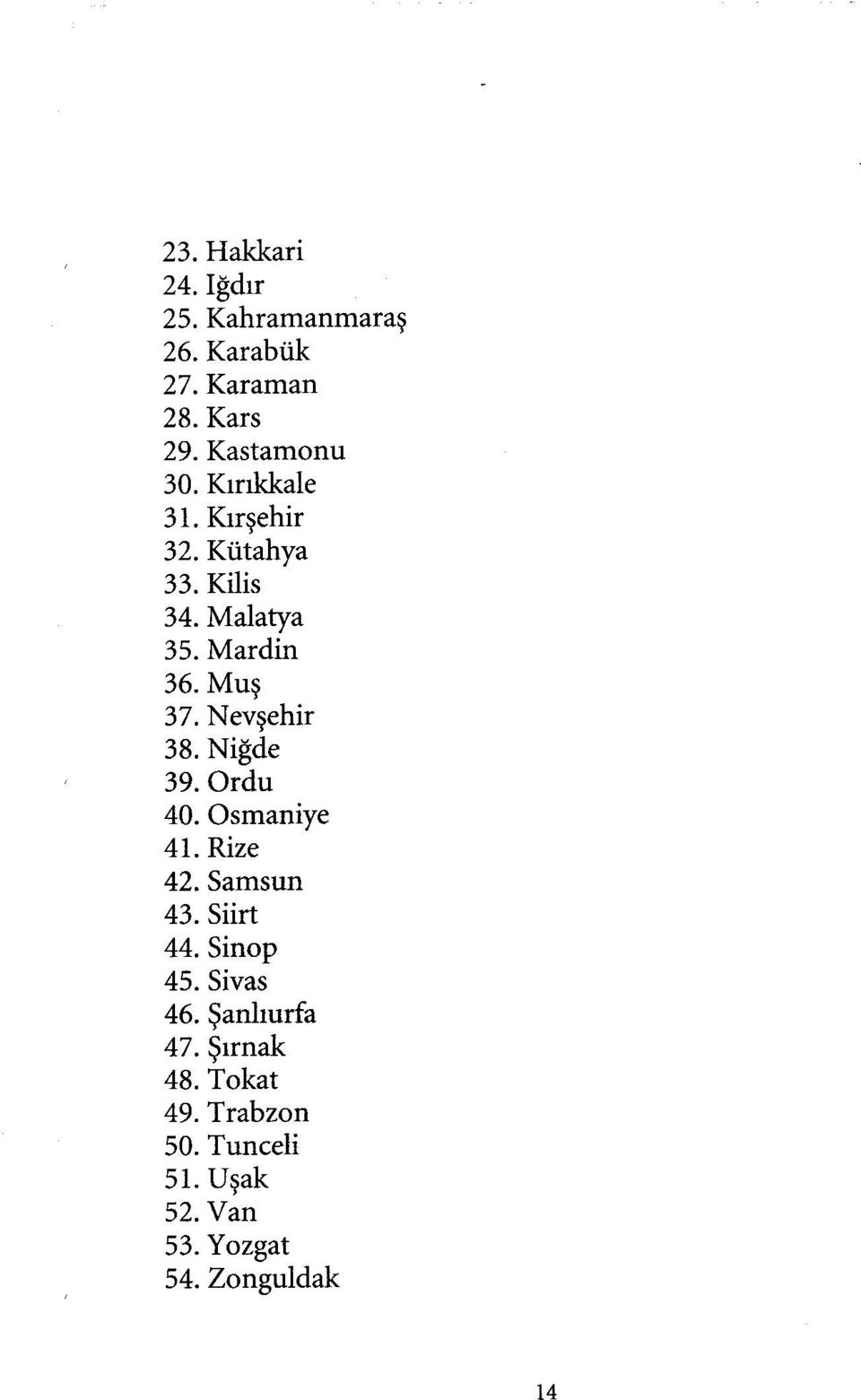 Nevşehir 38. Niğde 39. Ordu 40. Osmaniye 41. Rize 42. Samsun 43. Siirt 44. Sinop 45.