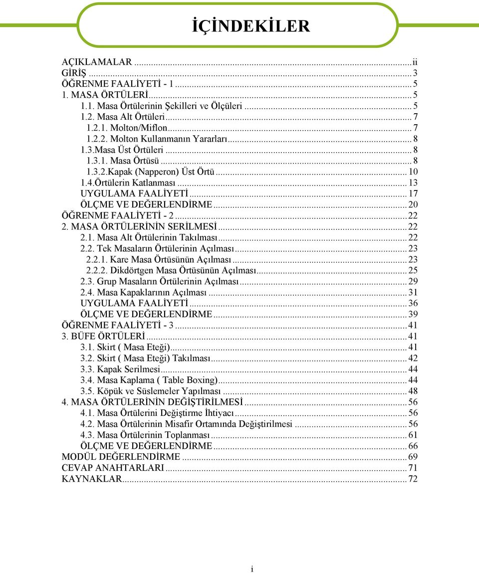 ..22 2. MASA ÖRTÜLERİNİN SERİLMESİ...22 2.1. Masa Alt Örtülerinin Takılması... 22 2.2. Tek Masaların Örtülerinin Açılması... 23 2.2.1. Kare Masa Örtüsünün Açılması... 23 2.2.2. Dikdörtgen Masa Örtüsünün Açılması.