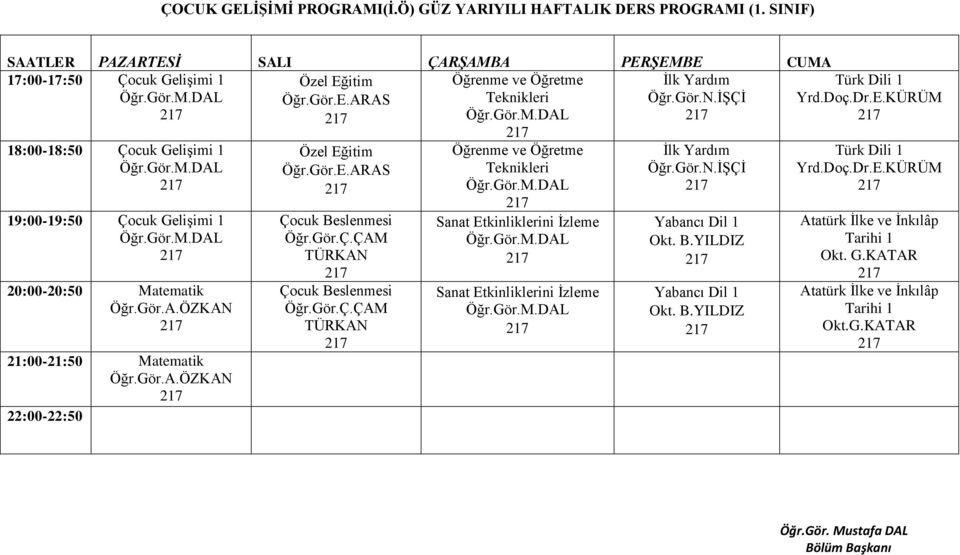 Gör.Ç.ÇAM TÜRKAN Çocuk Beslenmesi Öğr.Gör.Ç.ÇAM TÜRKAN Öğrenme ve Öğretme Teknikleri Sanat Etkinliklerini İzleme Sanat Etkinliklerini İzleme Öğr.Gör.N.İŞÇİ Yabancı Dil 1 Okt. B.YILDIZ Yabancı Dil 1 Okt.