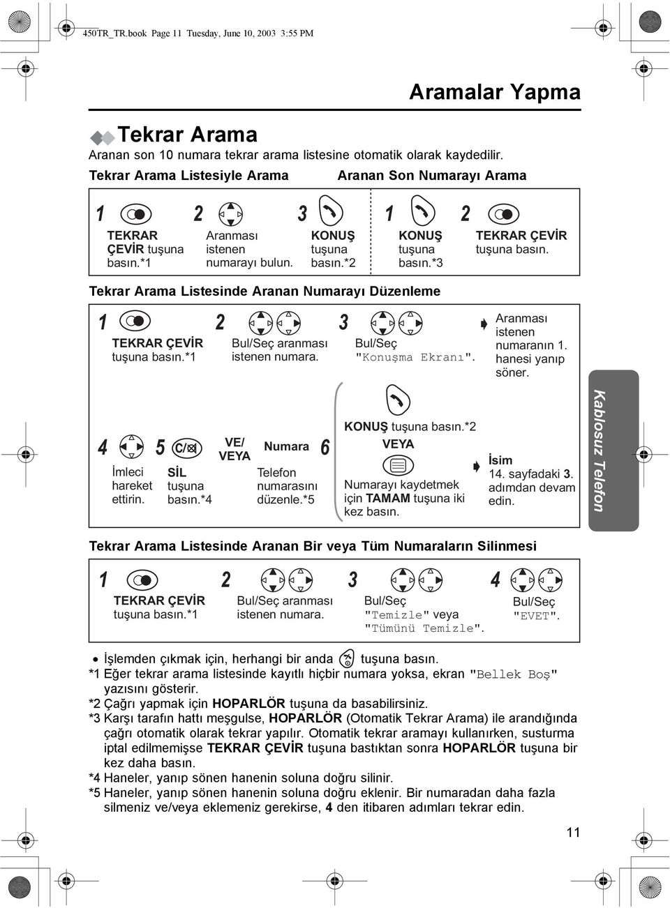 *3 TEKRAR ÇEVİR Tekrar Arama Listesinde Aranan Numarayı Düzenleme 1 TEKRAR ÇEVİR *1 2 3 aranması istenen numara. "Konuşma Ekranı". Aranması istenen numaranın 1. hanesi yanıp söner.