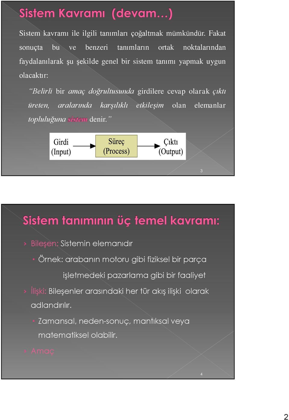 amaç doğrultusunda girdilere cevap olarak çıktı üreten, aralarında karşılıklı etkileşim olan elemanlar topluluğuna denir.