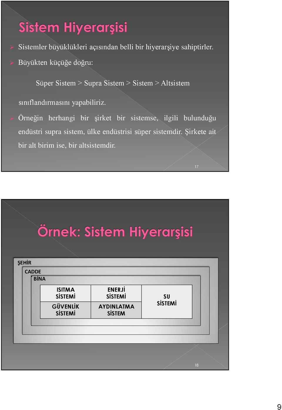 Örneğin herhangi bir şirket bir sistemse, ilgili bulunduğu endüstri supra sistem, ülke endüstrisi süper