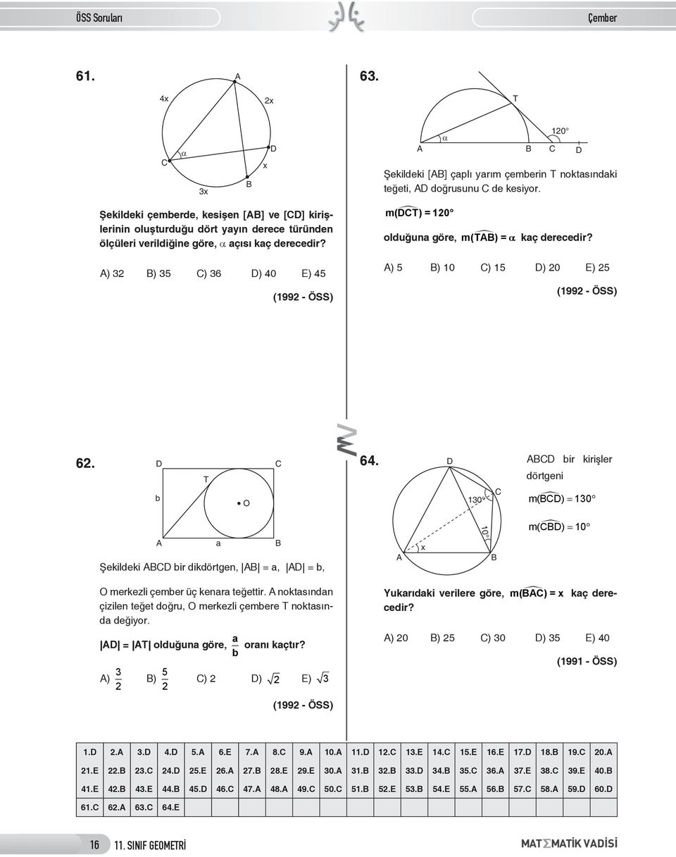 b 64. 10 bir kirişler dörtgeni m ( ) = 10 m ( ) = 10 10 Şekildeki bir dikdörtgen, =, = b, merkezli çember üç kenr teğettir. noktsındn çizilen teğet doğru, merkezli çembere noktsınd değiyor.