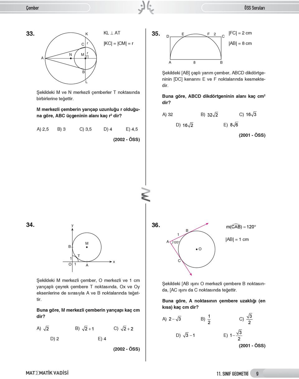 un göre, dikdörtgeninin lnı kç cm 2 dir? ) 2 ) 2 2 ) 16 ) 2,5 ) ),5 ) 4 ) 4,5 (2002 - ÖSS) ) 16 2 ) 8 6 (2001 - ÖSS) 4. y M 6.