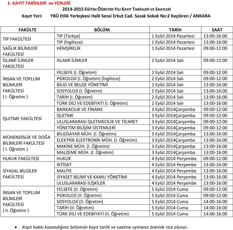 2014 Pazartesi 09:00-12:00 İSLAMİ İLİMLER İSLAMİ İLİMLER 2 Eylül 2014 Salı 09:00-12:00 İNSAN VE TOPLUM BİLİMLERİ ( I. Öğretim ) İŞLETME FELSEFE (I. Öğretim) 2 Eylül 2014 Salı 09:00-12:00 PSİKOLOJİ (I.