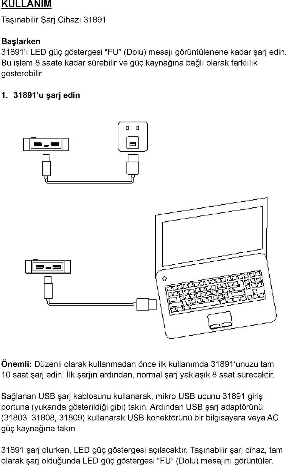 Sağlanan USB şarj kablosunu kullanarak, mikro USB ucunu 31891 giriş portuna (yukarıda gösterildiği gibi) takın.