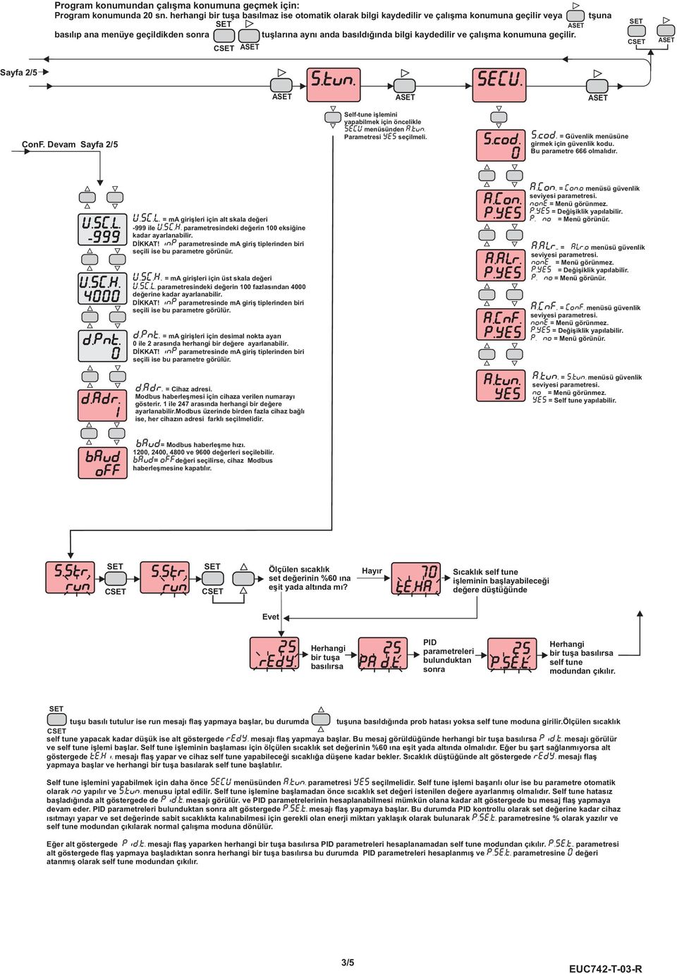 çalýþma konumuna geçilir. C A C A Sayfa / A S.tun. A SECU. A ConF. Devam Sayfa / Selftune iþlemini yapabilmek için öncelikle SECU menüsünden A.tun. Parametresi YeS seçilmeli. S.cod.