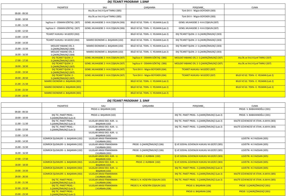 GEZİCİ (302) BİLGİ VE İLE. TEKN.- E. YELMAN (Lab 2) S.ÇAKIRÇÖMLEKÇİ (303) TİCARET HUKUKU- M.GEZİCİ (302) MAKRO EKONOMİ-U. BİLGİ VE İLE. TEKN.- E. YELMAN (Lab 2) S.ÇAKIRÇÖMLEKÇİ (303) MESLEKİ YABANCI DİL 2- S.