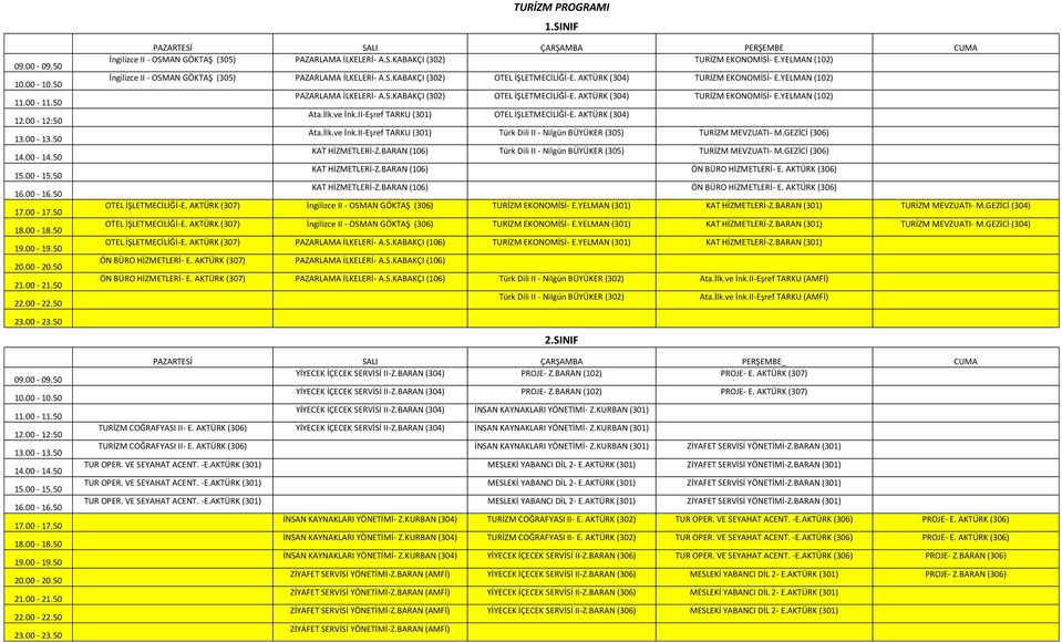 İlk.ve İnk.II-Eşref TARKU (301) OTEL İŞLETMECİLİĞİ-E. AKTÜRK (304) Ata.İlk.ve İnk.II-Eşref TARKU (301) Türk Dili II - Nilgün BÜYÜKER (305) TURİZM MEVZUATI- M.GEZİCİ (306) KAT HİZMETLERİ-Z.