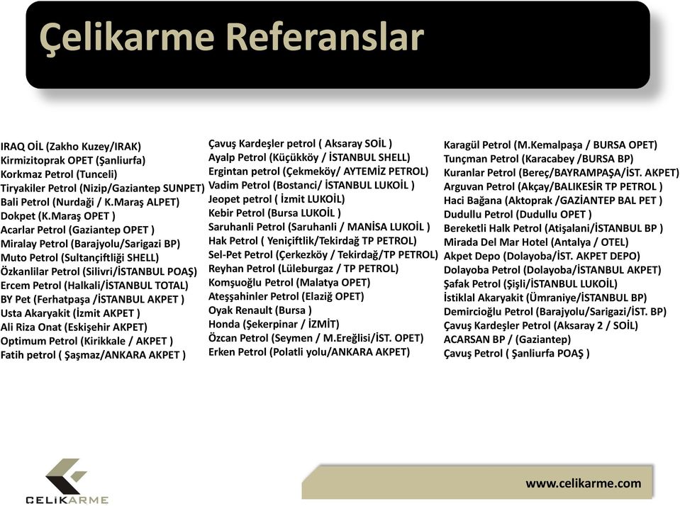 BY Pet (Ferhatpaşa /İSTANBUL AKPET ) Usta Akaryakit (İzmit AKPET ) Ali Riza Onat (Eskişehir AKPET) Optimum Petrol (Kirikkale / AKPET ) Fatih petrol ( Şaşmaz/ANKARA AKPET ) Çavuş Kardeşler petrol (