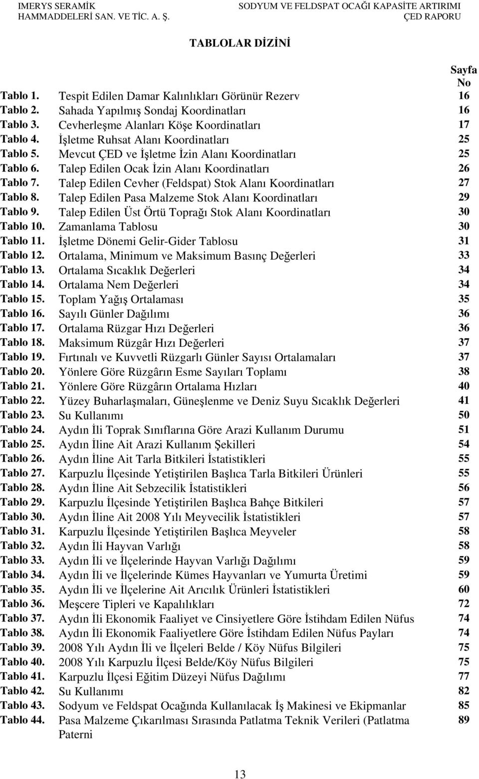 Talep Edilen Ocak İzin Alanı Koordinatları 26 Tablo 7. Talep Edilen Cevher (Feldspat) Stok Alanı Koordinatları 27 Tablo 8. Talep Edilen Pasa Malzeme Stok Alanı Koordinatları 29 Tablo 9.