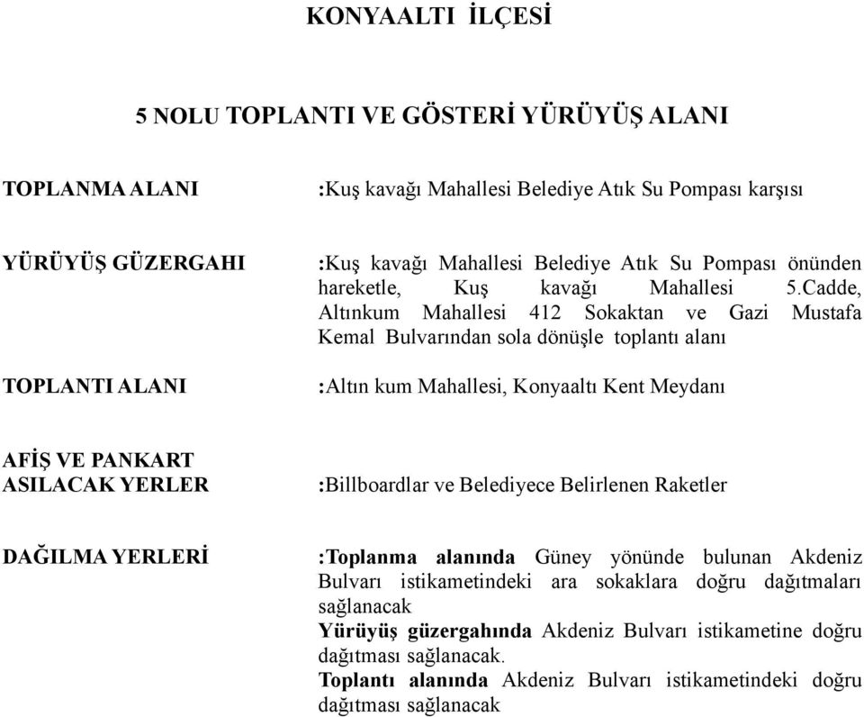 Cadde, Altınkum Mahallesi 412 Sokaktan ve Gazi Mustafa Kemal Bulvarından sola dönüşle toplantı alanı :Altın kum Mahallesi, Konyaaltı Kent Meydanı :Billboardlar ve