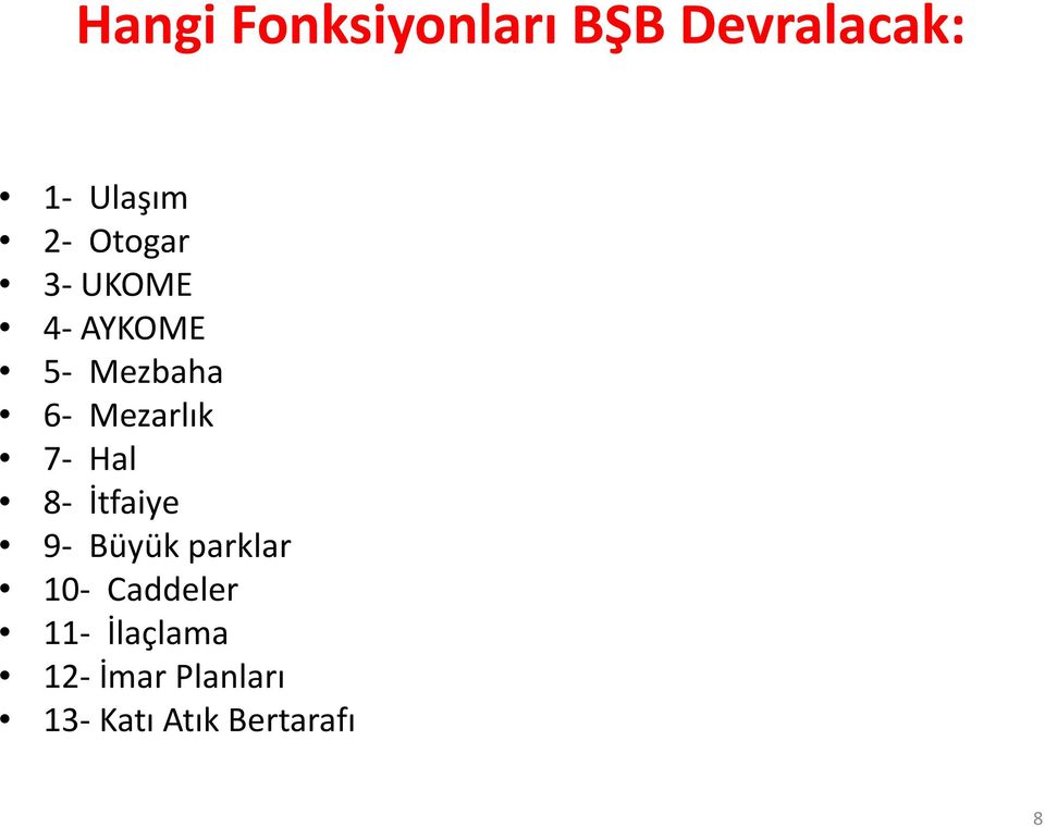 7- Hal 8- İtfaiye 9- Büyük parklar 10- Caddeler