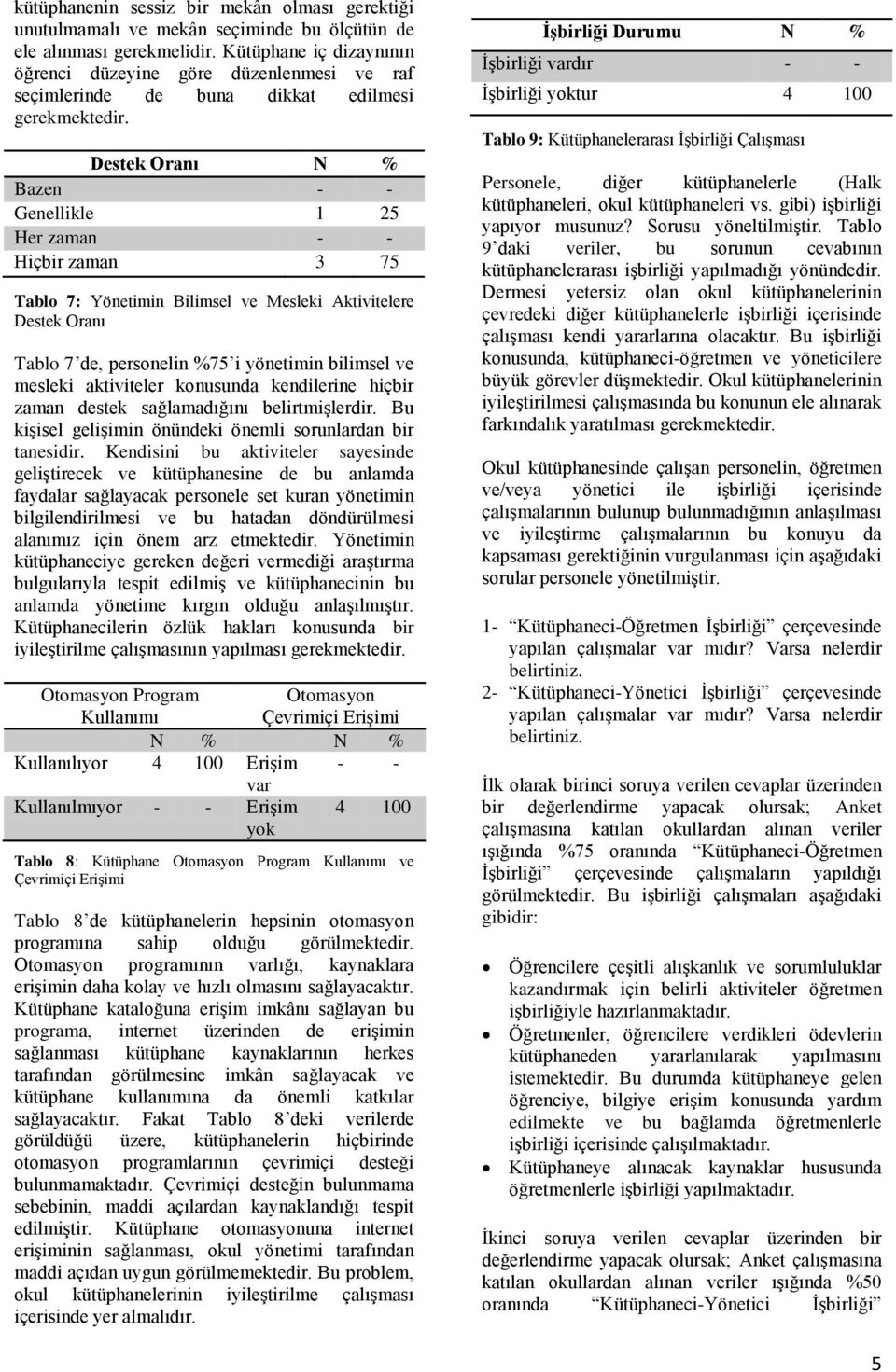 Destek Oranı N % Bazen - - Genellikle 1 25 Her zaman - - Hiçbir zaman 3 75 Tablo 7: Yönetimin Bilimsel ve Mesleki Aktivitelere Destek Oranı Tablo 7 de, personelin %75 i yönetimin bilimsel ve mesleki