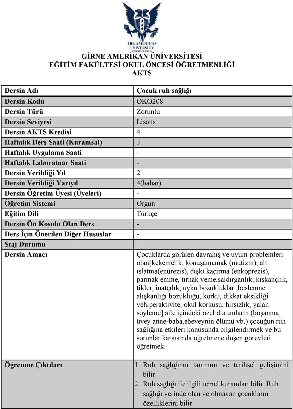 Dili Türkçe Dersin Ön Koşulu Olan Ders - Ders İçin Önerilen Diğer Hususlar - Staj Durumu - Dersin Amacı Çocuklarda görülen davranış ve uyum problemleri olan[kekemelik, konuşamamak (mutizm), alt