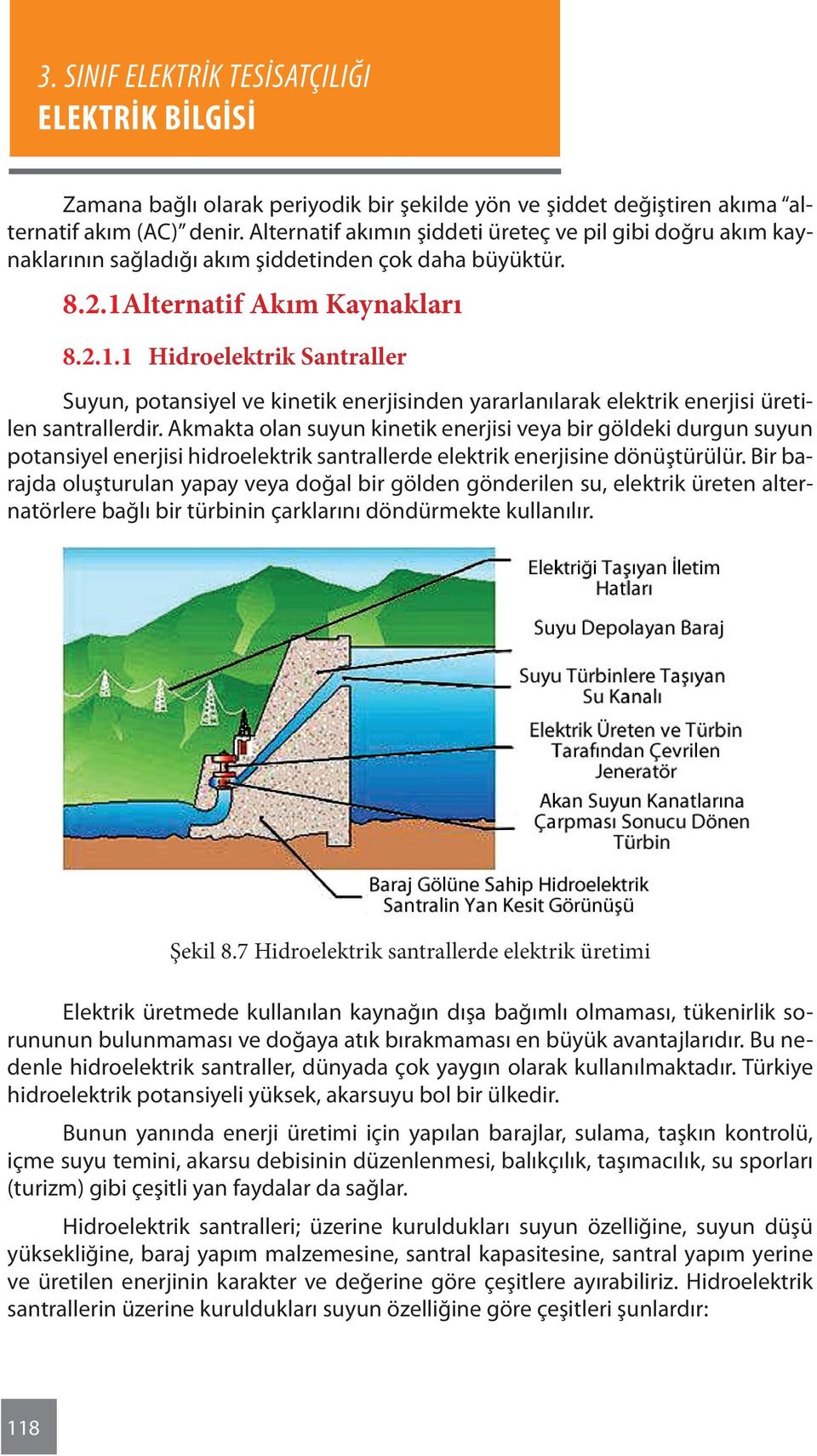 lternatif Akım Kaynakları 8.2.1.1 Hidroelektrik Santraller Suyun, potansiyel ve kinetik enerjisinden yararlanılarak elektrik enerjisi üretilen santrallerdir.