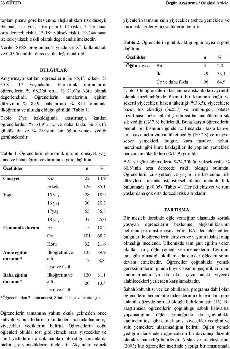 BULGULAR Araştırmaya katılan öğrencilerin % 85,1 i erkek, % 35,8 i 17 yaşındadır. Ekonomik durumlarını öğrencilerin % 68,2 si orta, % 21,6 sı kötü olarak değerlendirdi.