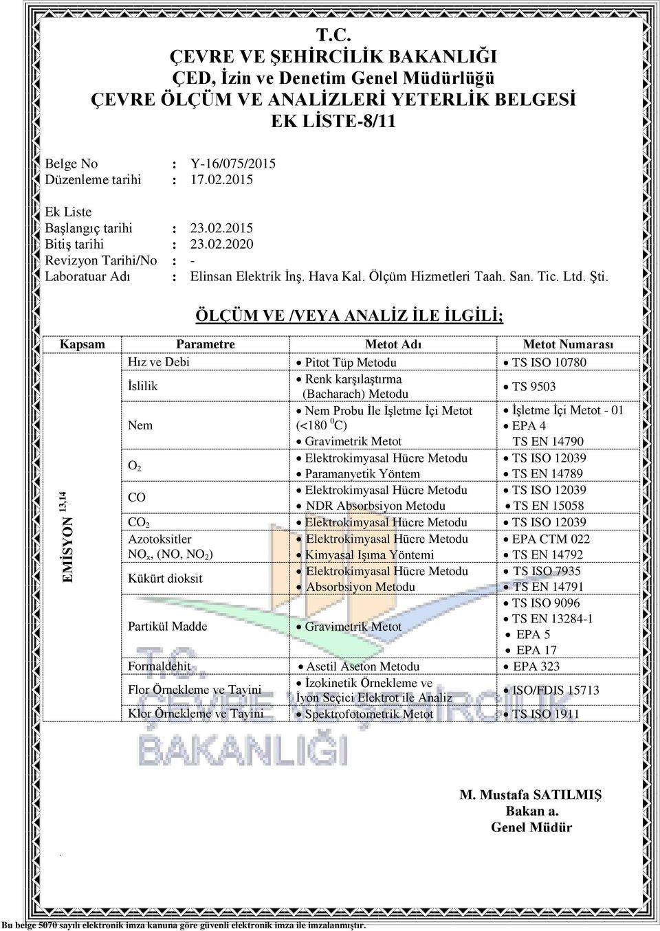 Azotoksitler Elektrokimyasal Hücre EPA CTM 022 NO x, (NO, NO 2 ) Kimyasal Işıma Yöntemi TS Kükürt dioksit Elektrokimyasal Hücre TS ISO 7935 Absorbsiyon TS EN 14791 TS ISO 9096 Partikül Madde