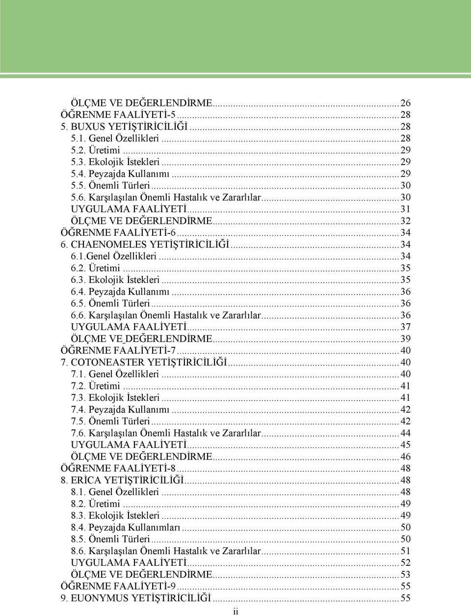 ..35 6.3. Ekolojik İstekleri...35 6.4. Peyzajda Kullanımı...36 6.5. Önemli Türleri...36 6.6. Karşılaşılan Önemli Hastalık ve Zararlılar...36 UYGULAMA FAALİYETİ...37 ÖLÇME VE DEĞERLENDİRME.