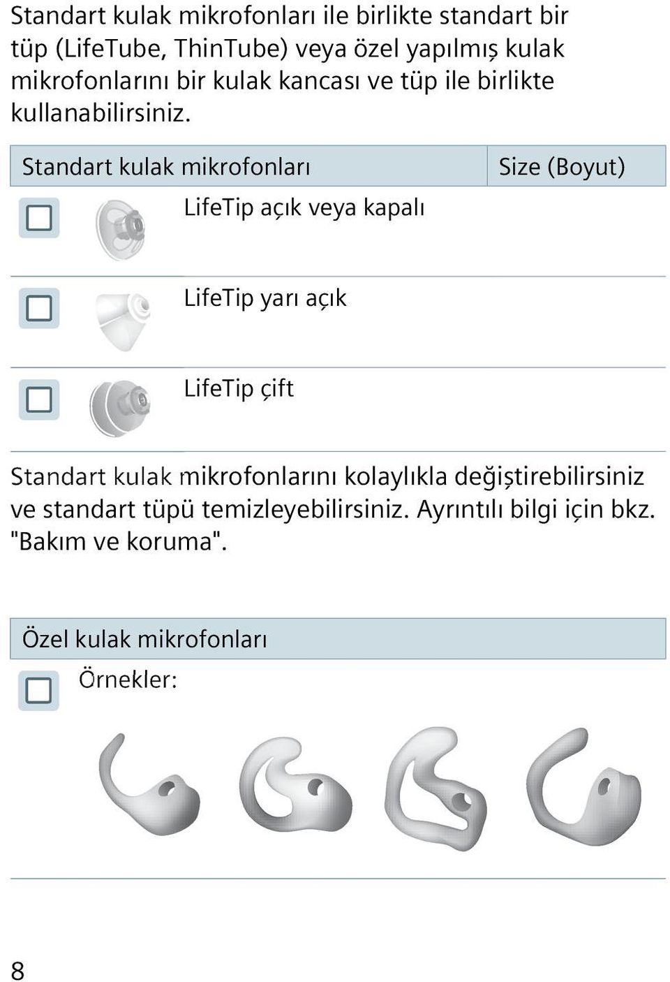 Standart kulak mikrofonları LifeTip açık veya kapalı Size (Boyut) LifeTip yarı açık LifeTip çift Standart kulak