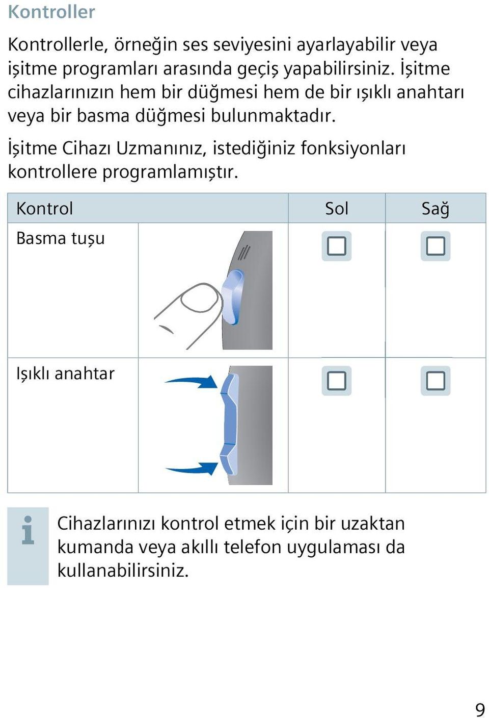 İşitme cihazlarınızın hem bir düğmesi hem de bir ışıklı anahtarı veya bir basma düğmesi bulunmaktadır.