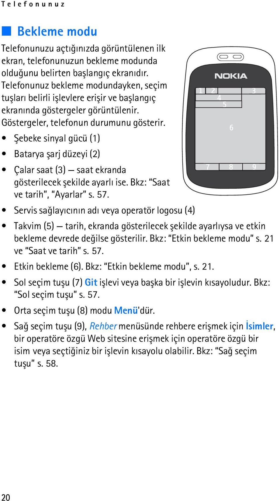 Þebeke sinyal gücü (1) Batarya þarj düzeyi (2) Çalar saat (3) saat ekranda gösterilecek þekilde ayarlý ise. Bkz: Saat ve tarih, Ayarlar s. 57.