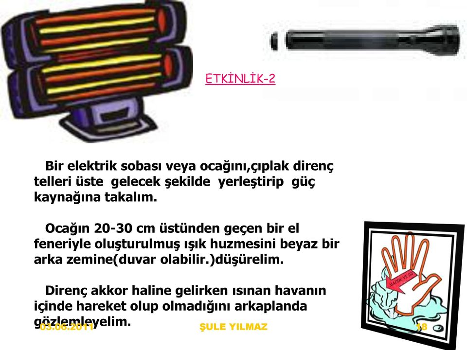 Ocağın 20-30 cm üstünden geçen bir el feneriyle oluşturulmuş ışık huzmesini beyaz bir arka