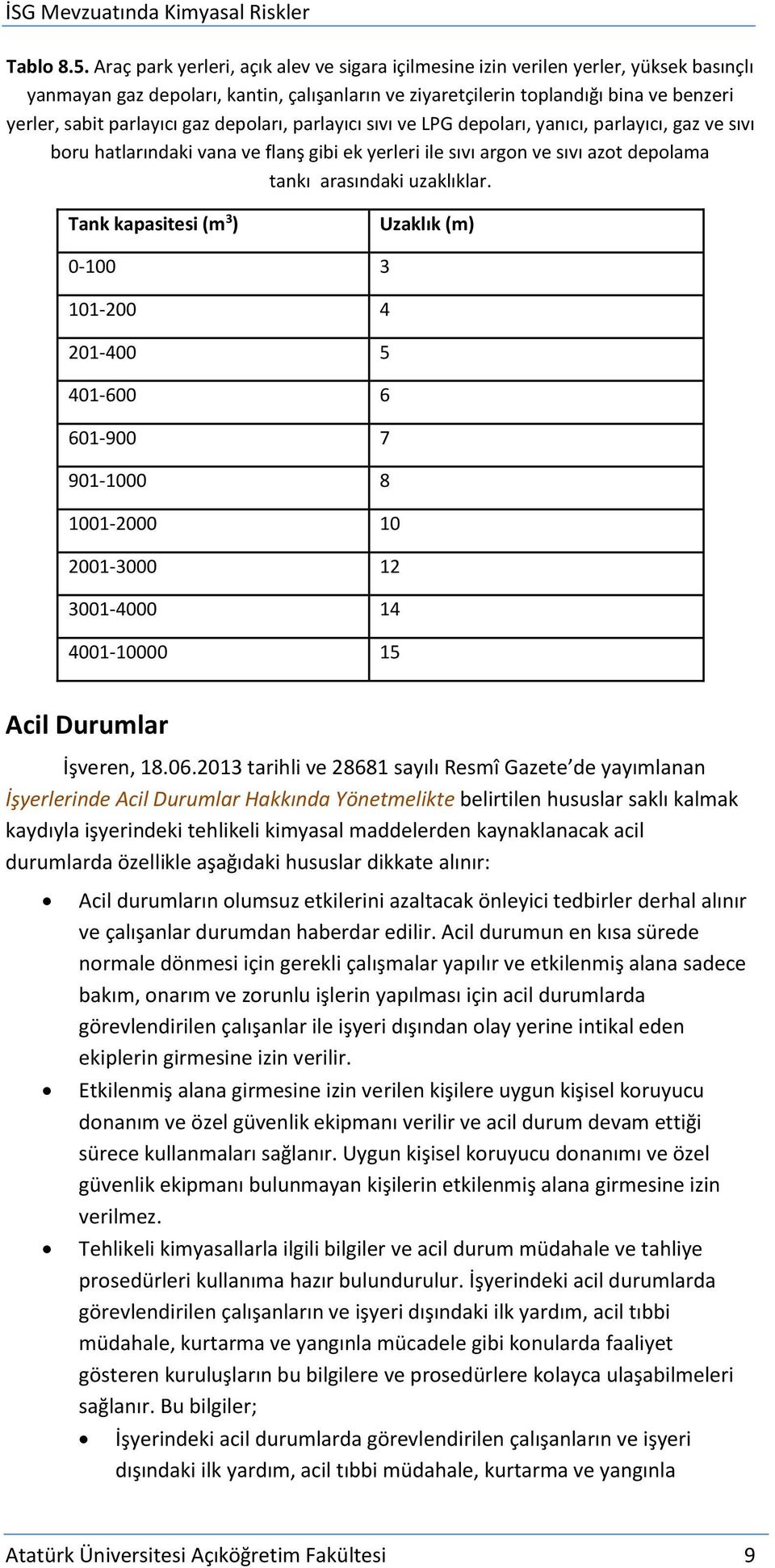 parlayıcı gaz depoları, parlayıcı sıvı ve LPG depoları, yanıcı, parlayıcı, gaz ve sıvı boru hatlarındaki vana ve flanş gibi ek yerleri ile sıvı argon ve sıvı azot depolama tankı arasındaki uzaklıklar.