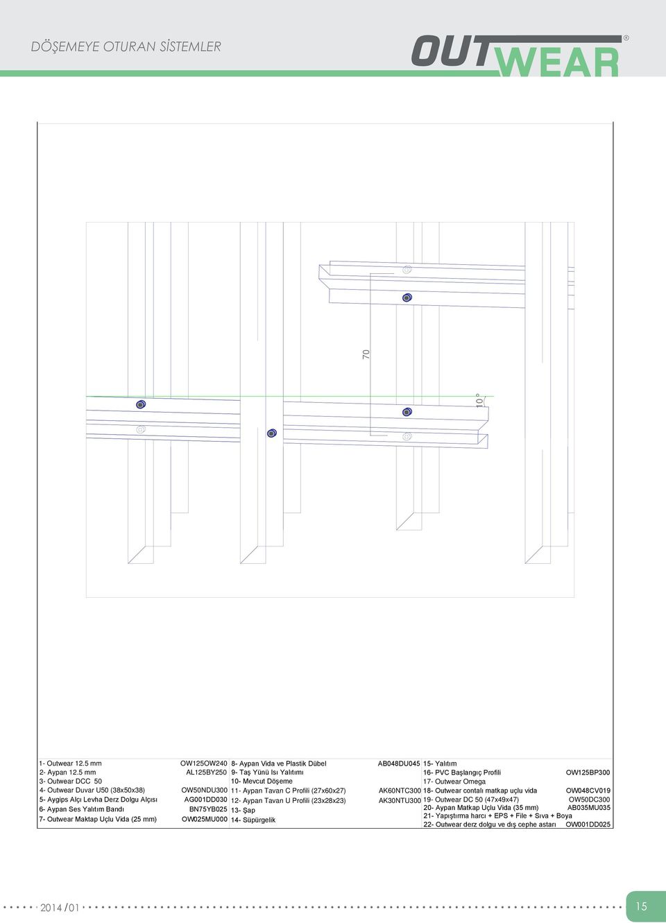 Profili (2x60x2) AK60NTC300 18- Outwear contalı matkap uçlu vida OW048CV019 5- Aygips Alçı Levha Derz Dolgu Alçısı AG001DD030 12- Aypan Tavan U Profili (23x28x23) AK30NTU300 19- Outwear DC 50