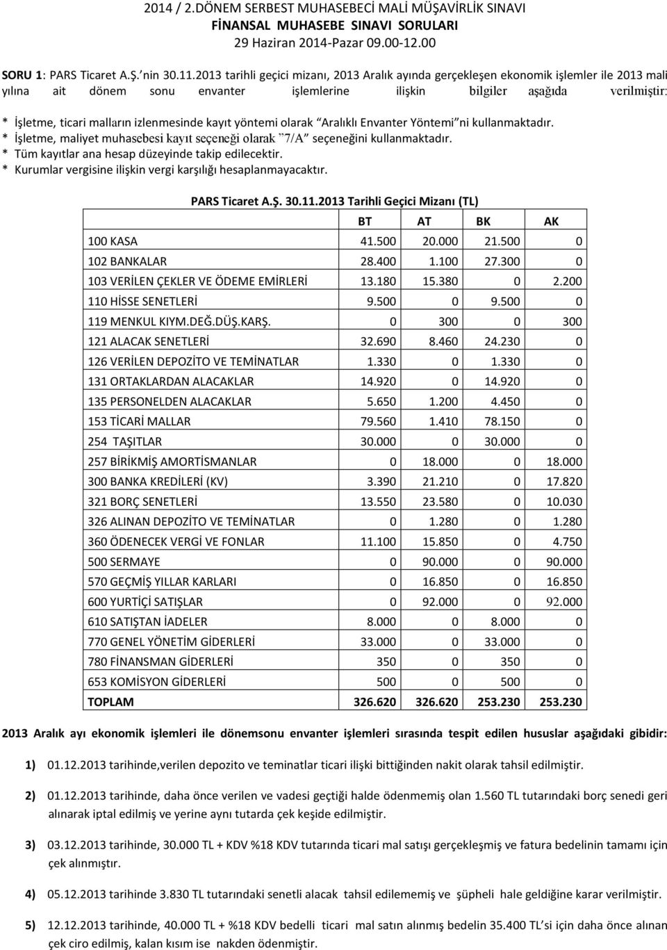 izlenmesinde kayıt yöntemi olarak Aralıklı Envanter Yöntemi ni kullanmaktadır. * İşletme, maliyet muhasebesi kayıt seçeneği olarak 7/A seçeneğini kullanmaktadır.