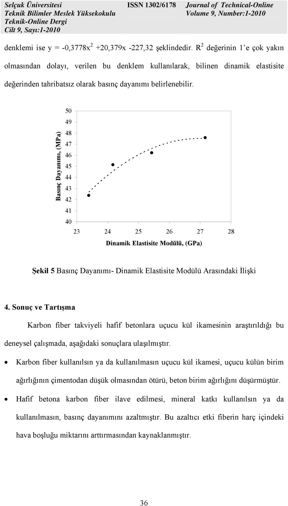 Basınç Dayanımı, (MPa) 50 49 48 47 46 45 44 43 42 41 40 23 24 25 26 27 28 Dinamik Elastisite Modülü, (GPa) Şekil 5 Basınç Dayanımı- Dinamik Elastisite Modülü Arasındaki İlişki 4.