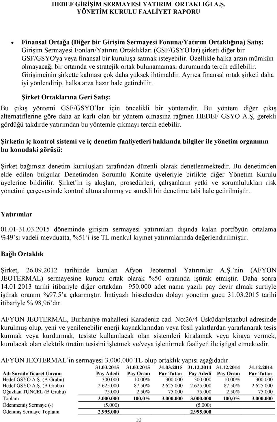 Ayrıca finansal ortak şirketi daha iyi yönlendirip, halka arza hazır hale getirebilir. Şirket Ortaklarına Geri Satış: Bu çıkış yöntemi GSF/GSYO lar için öncelikli bir yöntemdir.