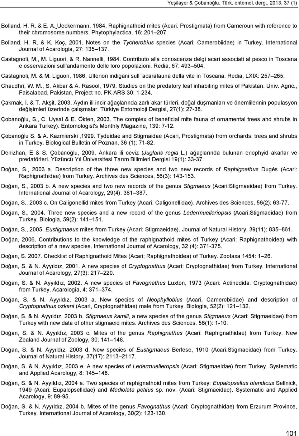 , M. Liguori, & R. Nannelli, 1984. Contributo alla conoscenza delgi acari associati al pesco in Toscana e osservazioni sull andamento delle loro popolazioni. Redia, 67: 493 504. Castagnoli, M. & M.