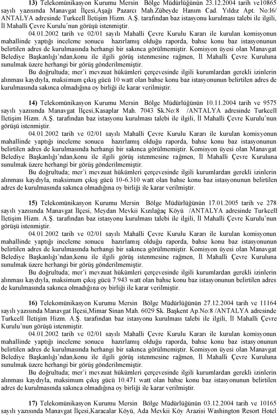 Komisyon üyesi olan Manavgat 14) Telekomünikasyon Kurumu Mersin Bölge Müdürlüğünün 10.11.2004 tarih ve 9575 sayılı yazısında Manavgat İlçesi,Kasaplar Mah. 7043 Sk.