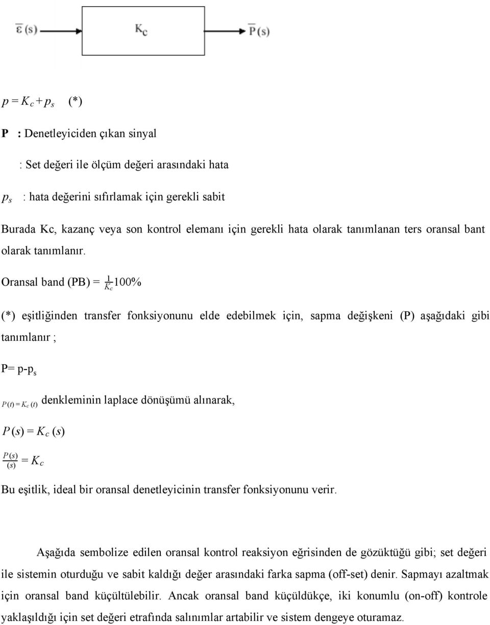 Oransal band (PB) = 00% Kc (*) eşitliğinden transfer fonksiyonunu elde edebilmek için, sapma değişkeni (P) aşağıdaki gibi tanımlanır ; P= p p s P (t) = K c (t) P (s) = K c (s) denkleminin laplace