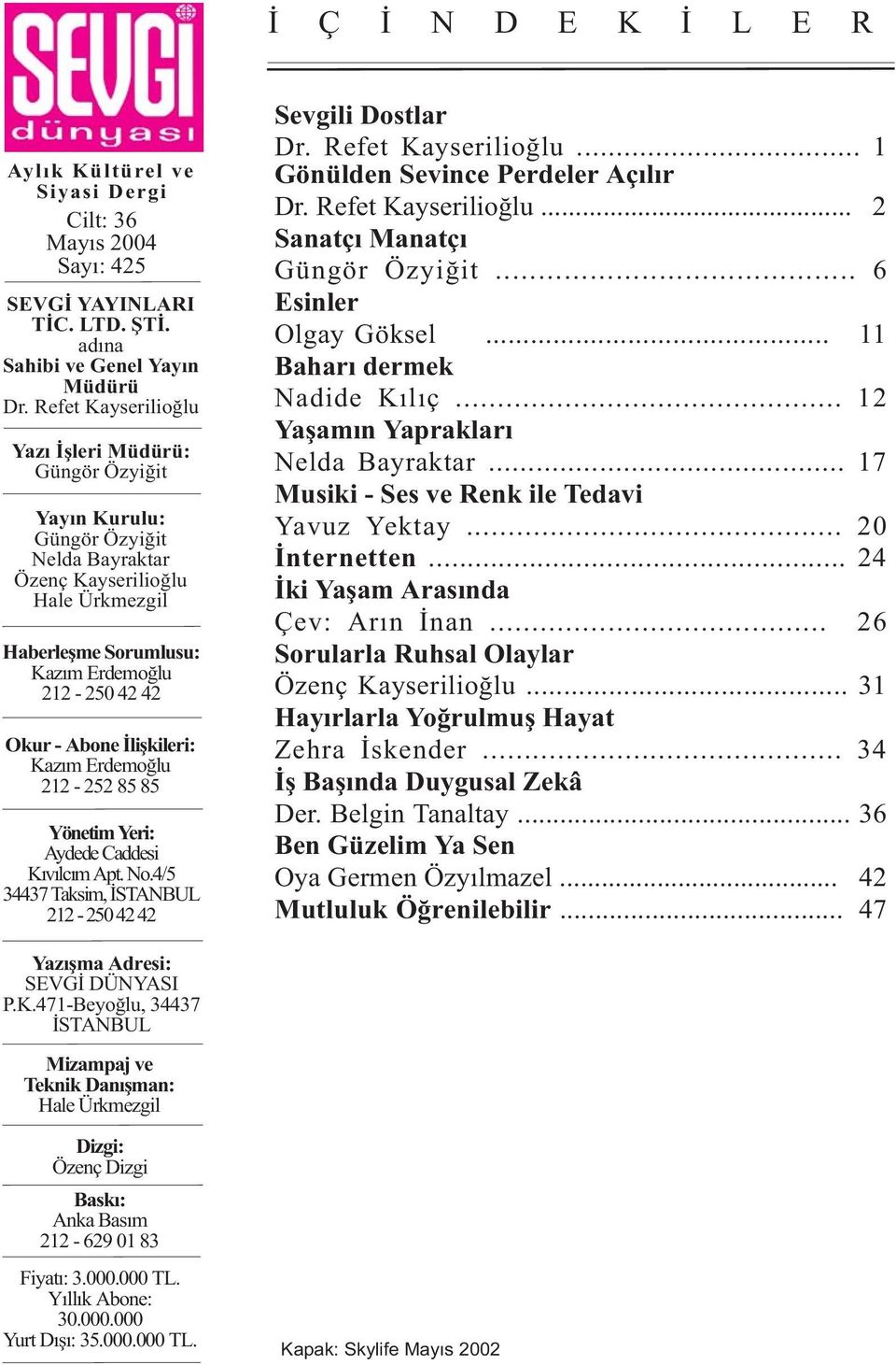 Ýliþkileri: Kazým Erdemoðlu 212-252 85 85 Yönetim Yeri: Aydede Caddesi Kývýlcým Apt. No.4/5 34437 Taksim, ÝSTANBUL 212-250 42 42 Sevgili Dostlar Dr. Refet Kayserilioðlu.