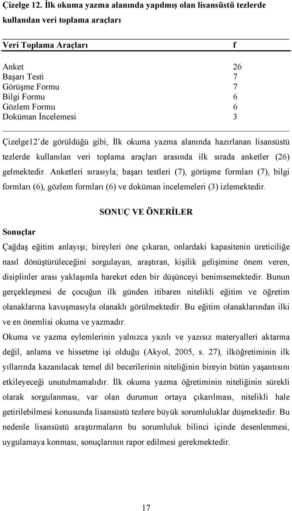 İncelemesi 3 Çizelge12 de görüldüğü gibi, İlk okuma yazma alanında hazırlanan lisansüstü tezlerde kullanılan veri toplama araçları arasında ilk sırada anketler (26) gelmektedir.