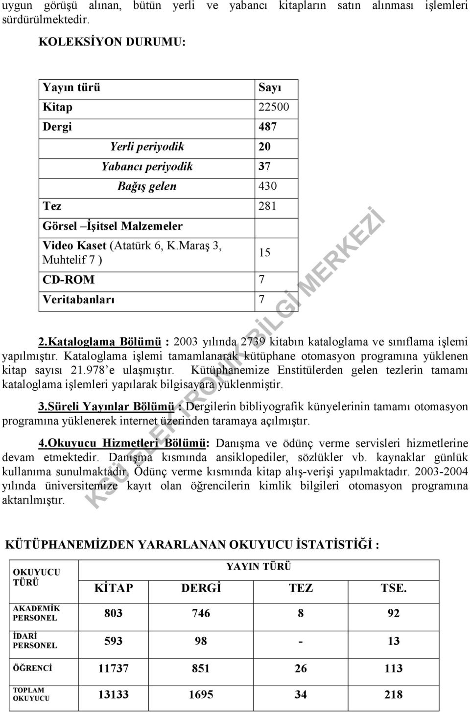 Maraş 3, Muhtelif 7 ) CD-ROM 7 Veritabanları 7 2.Kataloglama Bölümü : 2003 yılında 2739 kitabın kataloglama ve sınıflama işlemi yapılmıştır.