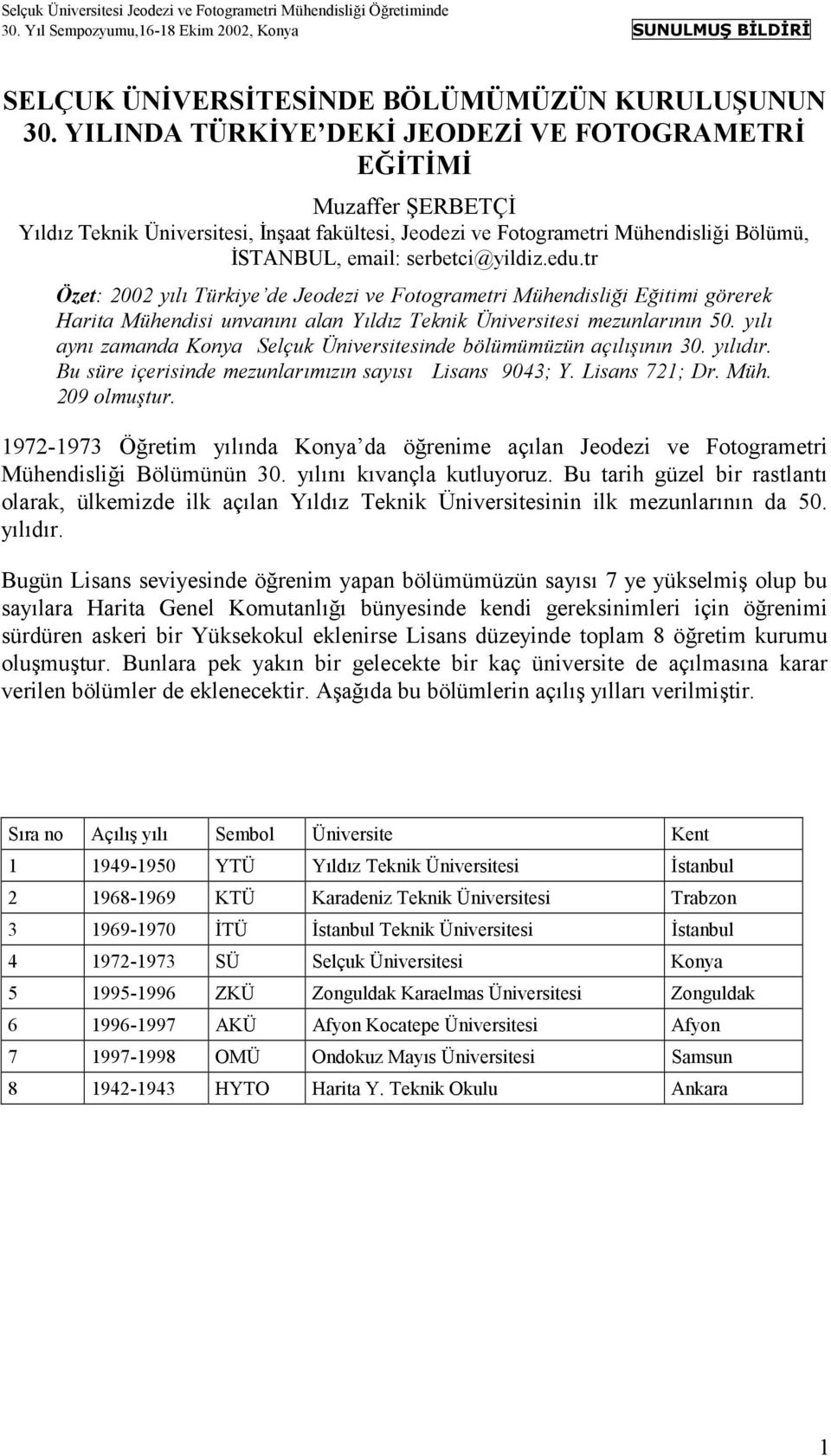 tr Özet: 2002 yõlõ Türkiye de Jeodezi ve Fotogrametri Mühendisliği Eğitimi görerek Harita Mühendisi unvanõnõ alan Yõldõz Teknik Üniversitesi mezunlarõnõn 50.